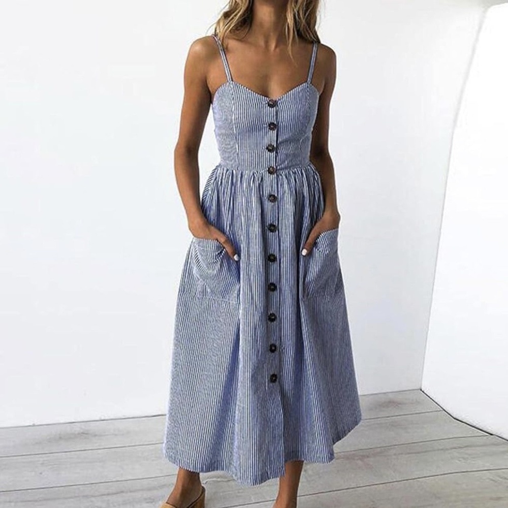 Slide Show Blue White Pinstripe Cottagecore Button Front Midi‎ Dress Size 12